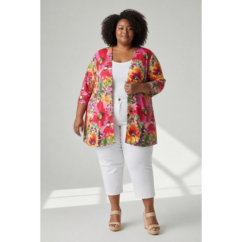 Liz & Me 5X Floral Cardigan Jacket Pink Multicolor Snap Front Plus Siz